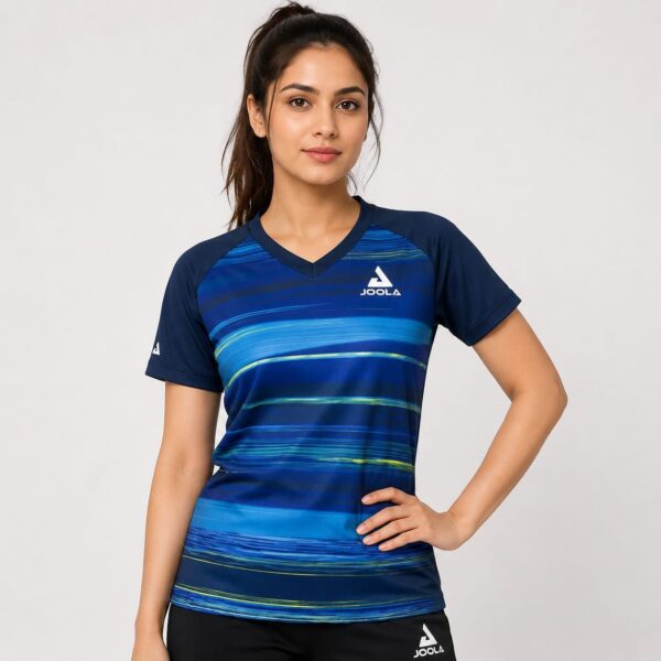Woman wearing a blue JOOLA Solstice sports shirt