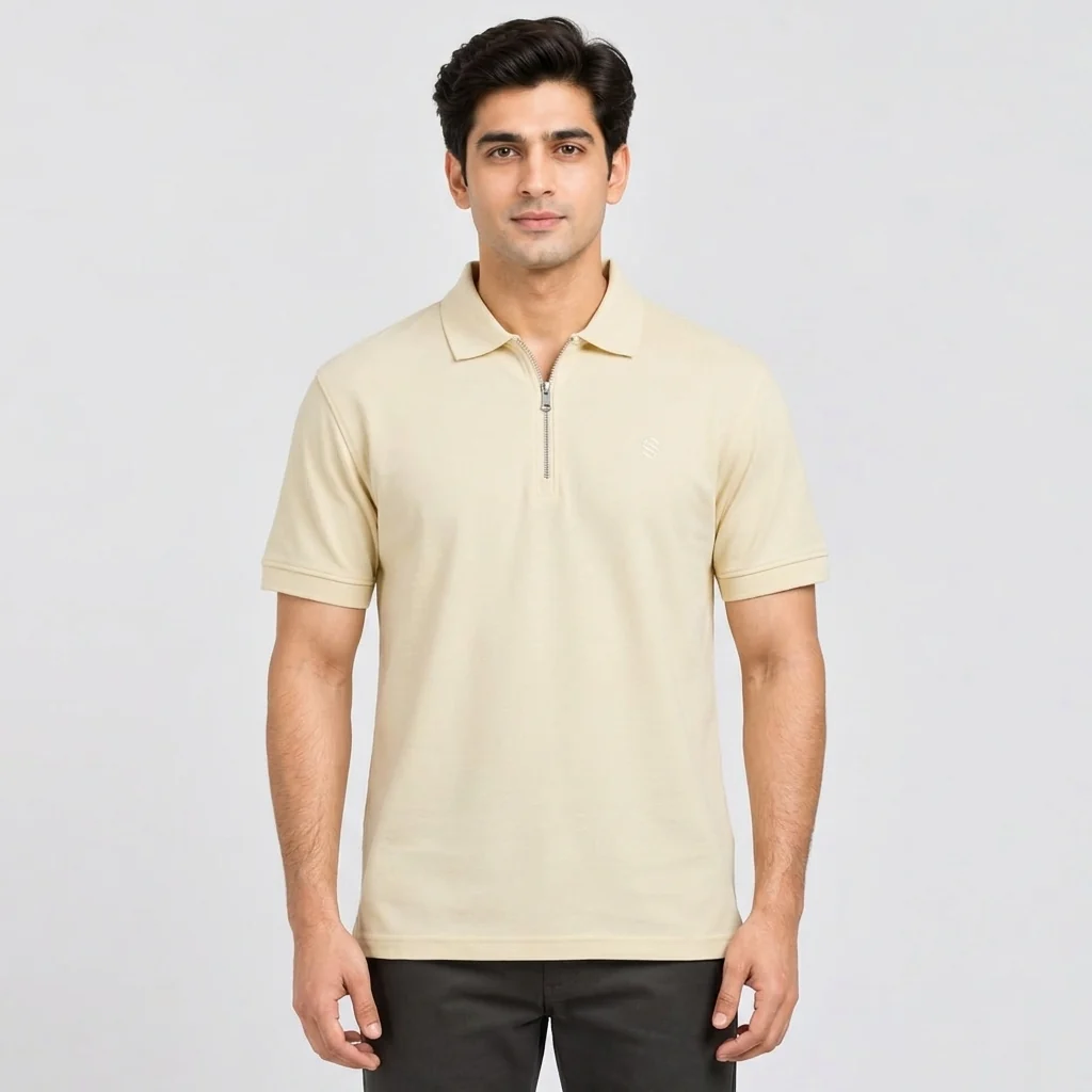 Man wearing the Sportlux Plus cream quarter zip polo, front view
